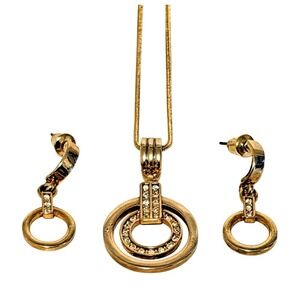 Double Circle Pendant Necklace Drop Earrings Jewelry Set Gold Tone Rhinestone